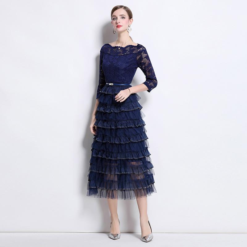 Solid Patchwork Embroidery Cascarding Ruffles Long Dress for Women Slash Neck Lace Hollow Out Office Work Dress Female Clothing
