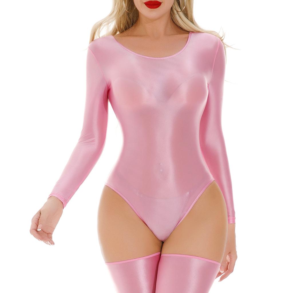 Leotardo Bodysuit Lencería Ropa de Dormir Ropa para Gimnasio de Mujer Cuello Redondo Manga Larga Brillante Elástico