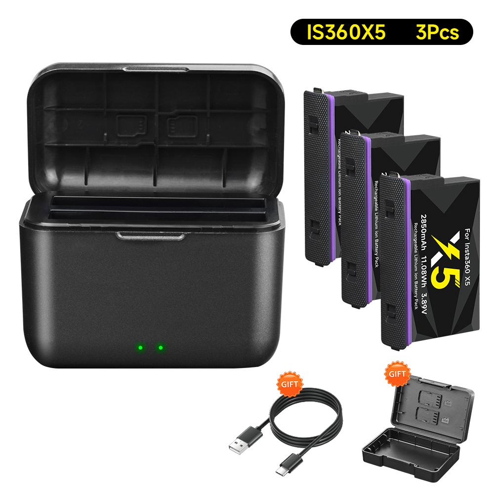 2850mAh Hohe Kapazität Für Insta360 X5 Kameraakku+2-Slot LED tragbares Schnellladegerät Für Insta 360X5 Actionkamera Zubehör