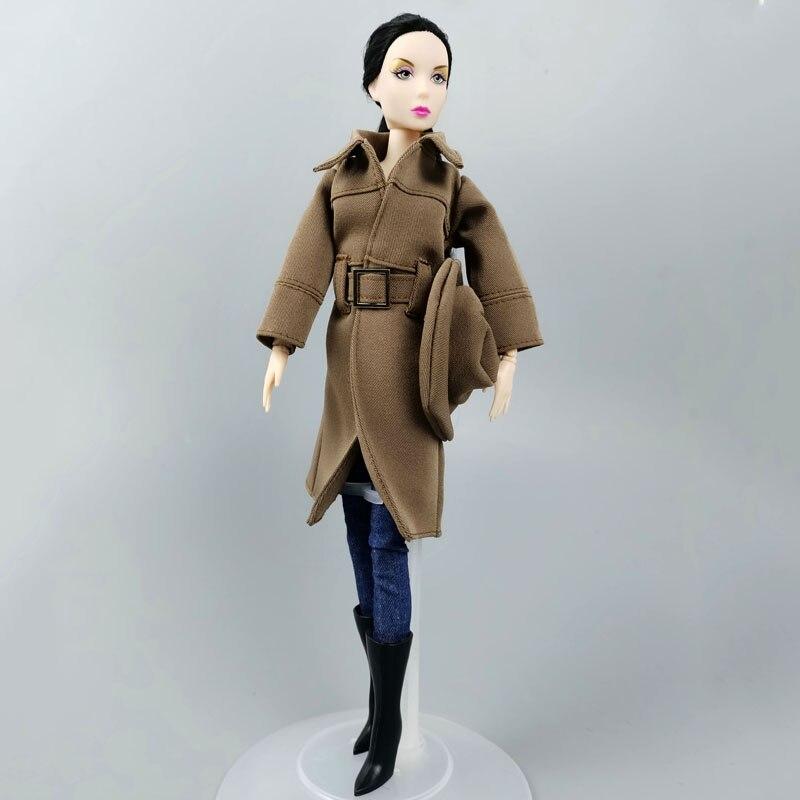 Winter Warm Fashion Office Khaki Coat for Barbie Doll Outfits Clothes Hat for Barbie Doll Black High Heel Shoes for 1:6 BJD Doll