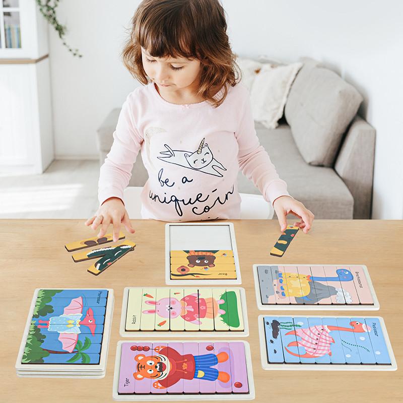 3D Kreslené Zvíře Oboustranný Proužek Dřevěné Puzzle Dětská Skládačka Dětské Vzdělávací Hračky pro Děti Učební Hračky