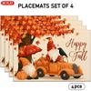 4/6pcs Set, Autumn-themed Placemats Featuring Maple Leaves, Pumpkins, Gnomes, Trucks, and Crows, with "Happy Fall" Text Design. Suitable for Indoor/ou
