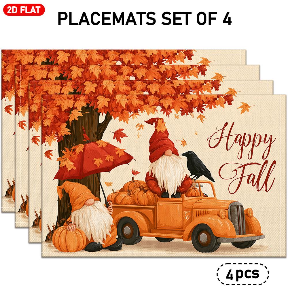 4/6pcs Set, Autumn-themed Placemats Featuring Maple Leaves, Pumpkins, Gnomes, Trucks, and Crows, with "Happy Fall" Text Design. Suitable for Indoor/ou
