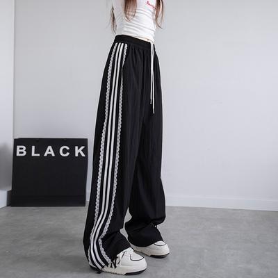 Side Striped Wide-leg Casual Pants Women's Spring New Elastic High-waisted Straight Sports Loose and Thin Pants