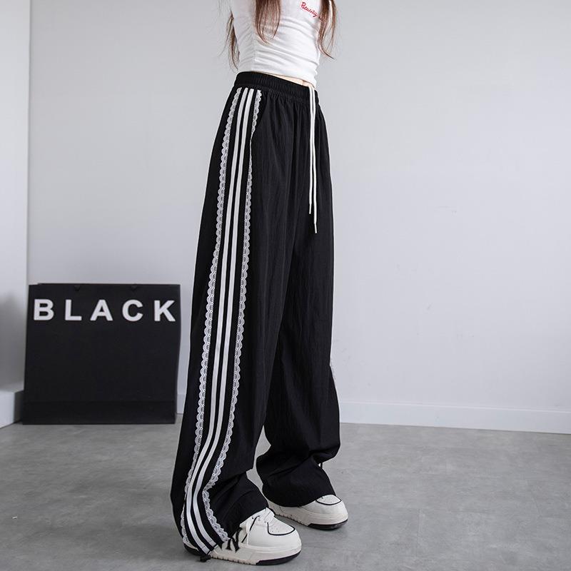 Side striped wide-leg casual pants women's spring new elastic high-waisted straight sports loose and thin pants