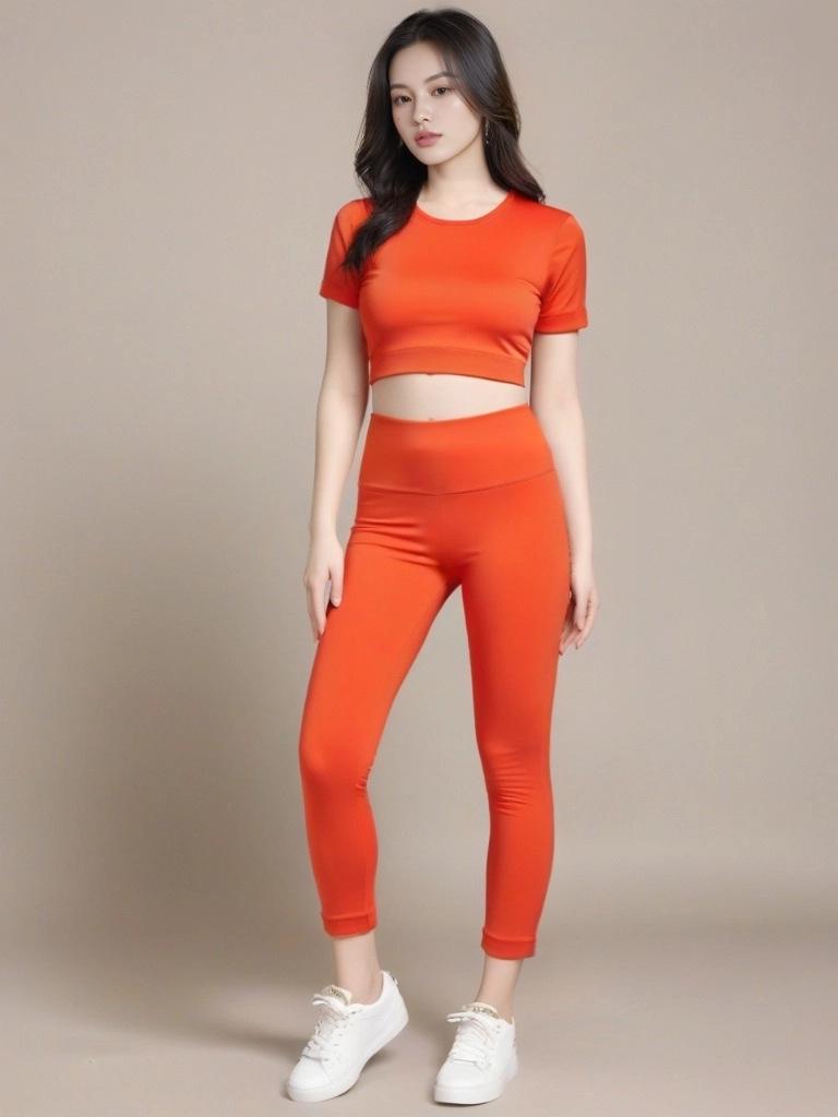 

Женский быстросохнущий комплект для йоги и бега 2025: Костюм с коротким рукавом для походов, утренних пробежек и тренировок в зале. Medium оранжевый