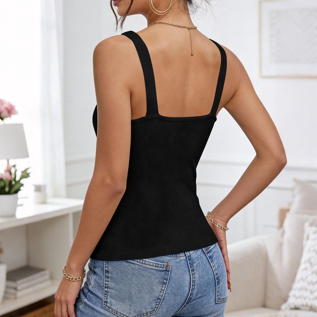 Débardeur côtelé pour femme à bretelles chaîne sans manches coupe ajustée maille stretch Camisole chemise de base d'été à superposer