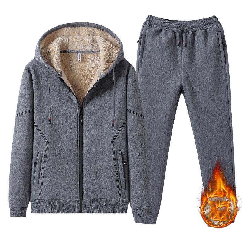 Mens Lambswool Thickened Sportswear Set Autumn Winter Plus Size Fleece Cardigan Two Piece Sweatshirt
