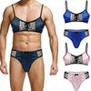 Sissy Lingerie Nightwear for Men Satin Sheer Mesh Bra Top Adjustable Spaghetti Straps with Matching Thong Briefs