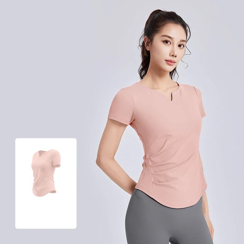 

Summer New Style V-neck Pleated Yoga Wear Short-sleeved Women Shock-proof Fixed Cup Slimming Sports Yoga Fitness Top S