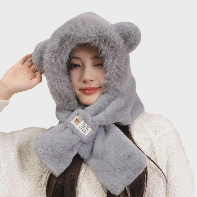 Damen Plüschbär-Mütze & Schal-Set für Herbst/Winter – warmer Ohrenschutz & Halstuch