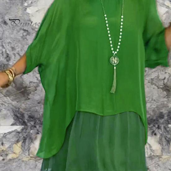 Evenig Dress Layered Scattered Cake Hem Half Sleeves Maxi Dress Bat Sleeves Baggy Round Neck Chiffon Dress for Party Prom