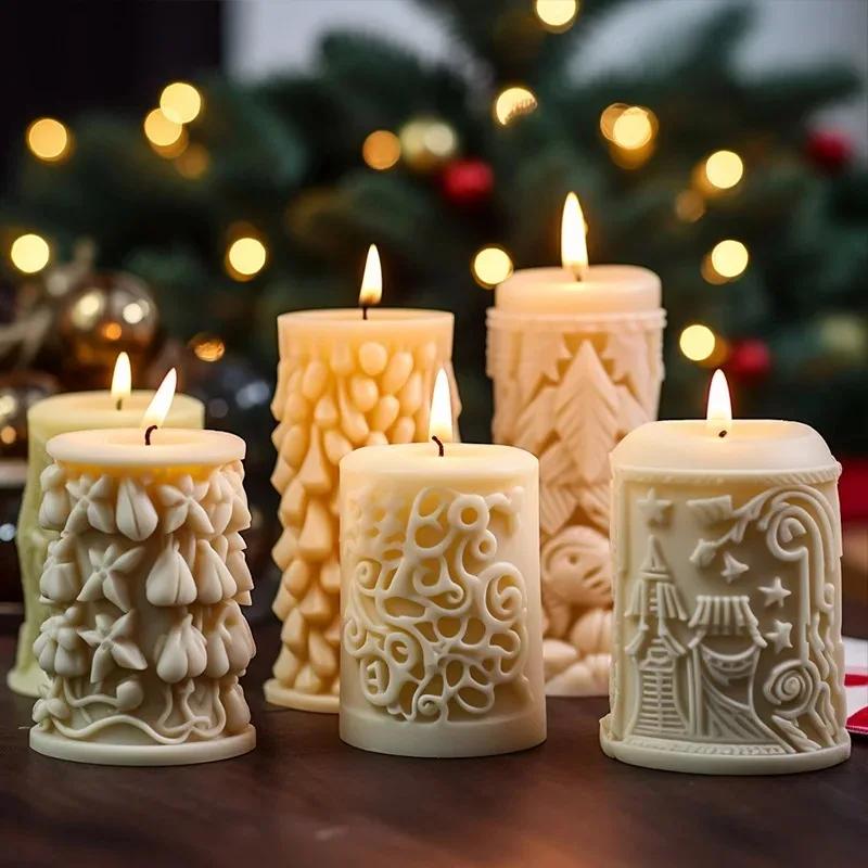 1-4PCS Christmas Cylinder Candle Mold Silicone Pillar Mold for DIY Aromatherapy Wax Candle Holiday Home Decoration Craft