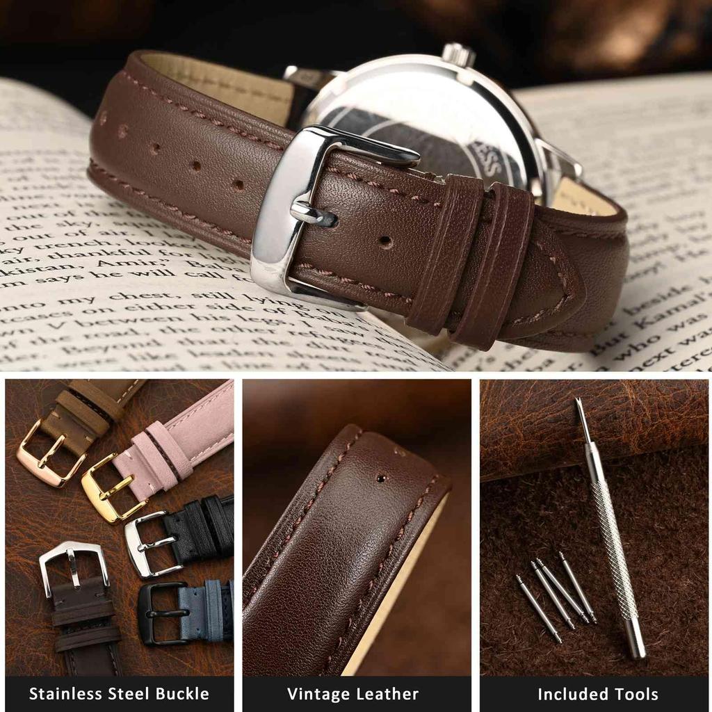 WOCCI 20mm Watch Vintage Genuine Leather Watch Band Brown with Tonal Includes Adjustment Tool and Spring Bars Strap, (Dark Stitching),