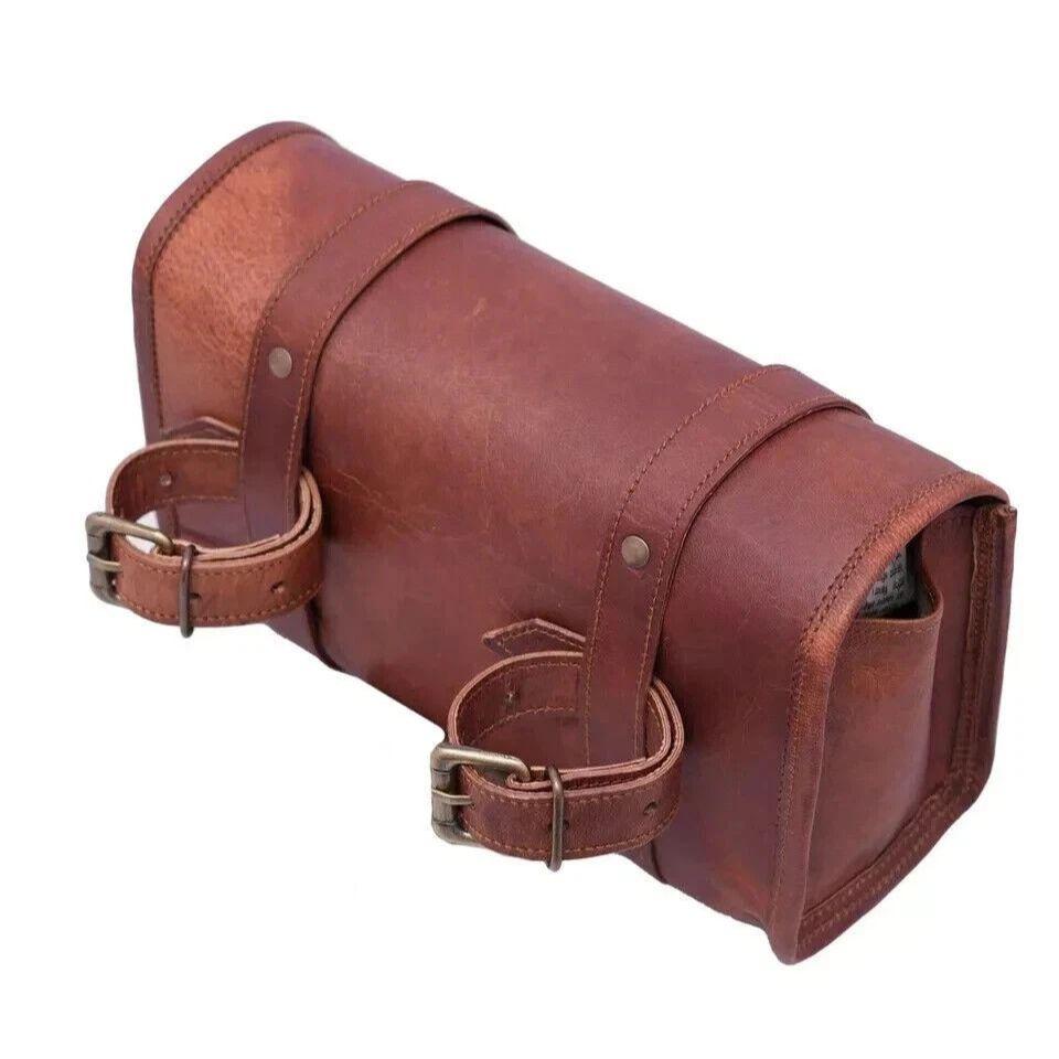 Goat Leather Motorcycle Strap Buckle Closure Tool Bag Genuine Vintage Brown Best