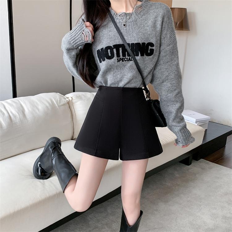 Plus Size High Waist Woolen A-Line Shorts for Women - Slimming Wide Leg & Bootcut Style for Autumn/Winter