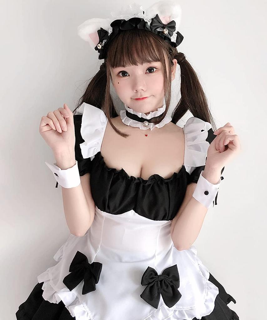 [Milky Time] Maid Costume Cosplay Dress, Puff Sleeves, Mini Length, Light Blue, Black and White (Includes Black and White Ribbon)