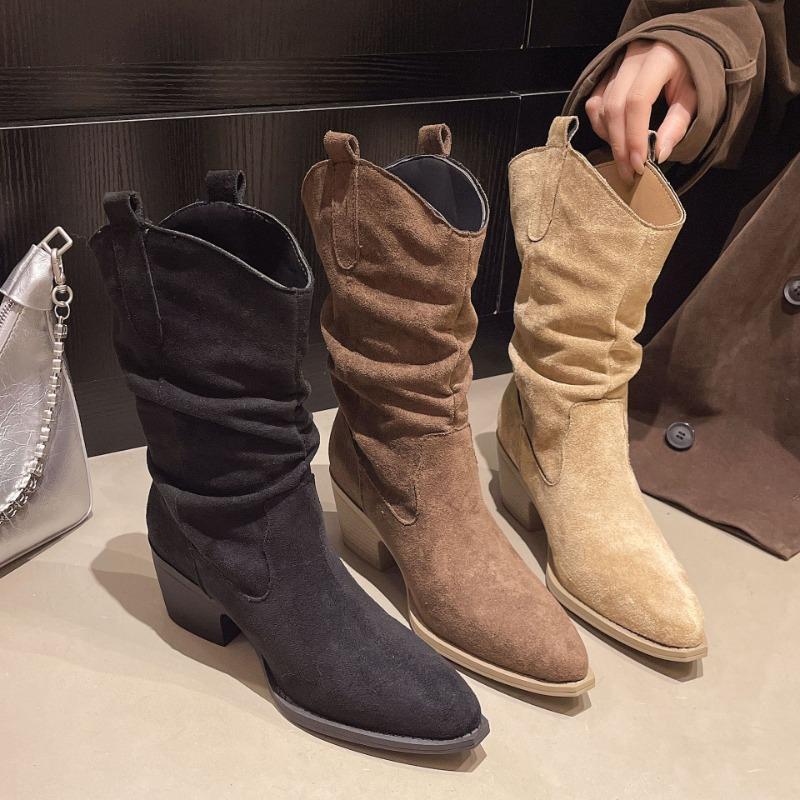Pile Boots Women's Autumn Pointed Head Mid-heel Boots Western Cowboy Wasteland Wind Pleated Boots Merard Knight Boots