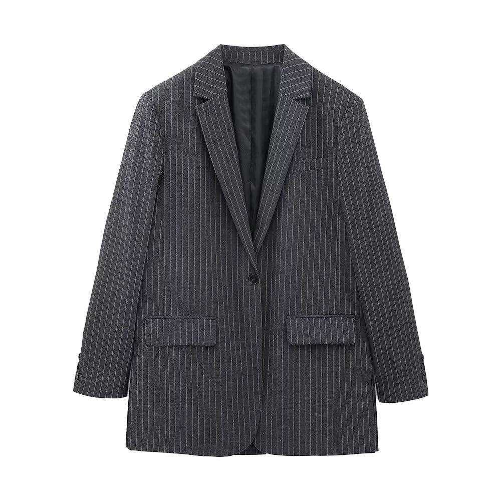 

Женская мода спереди пуговицы полосатый пиджак пальто винтаж длинный рукав карманы клапаны женская верхняя одежда M чёрный