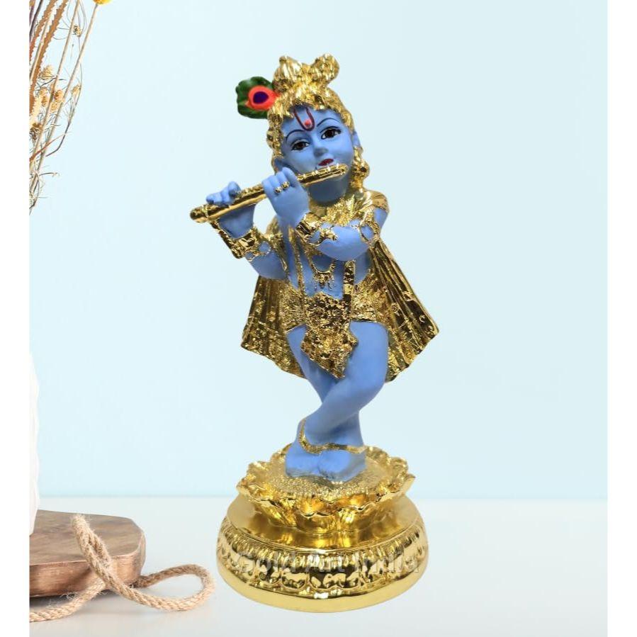 India Lord Krishna Idol | Gold Plated Krishna Statue | Standing Krishna Playing Basuri | Krishna ji for Pooja & Gifting |