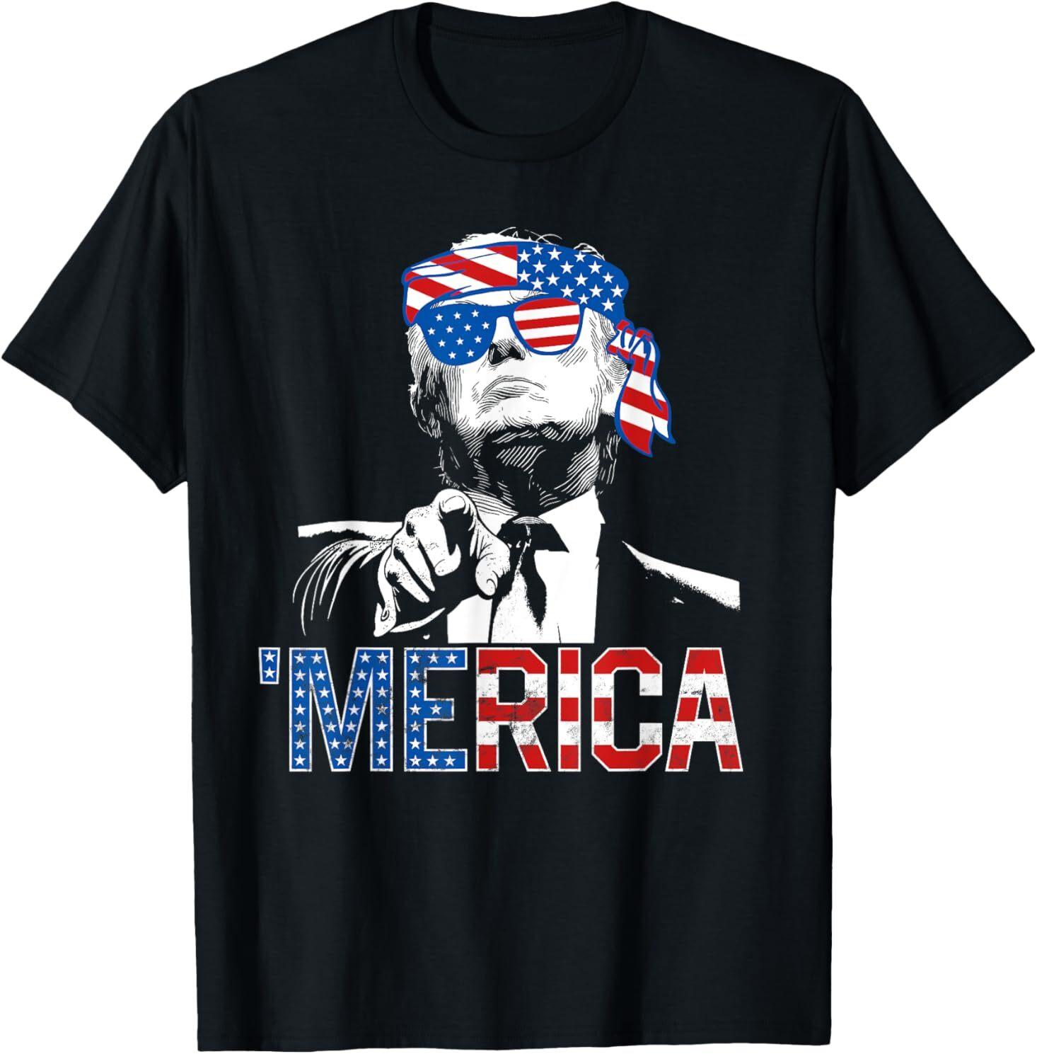 Funny Trump 4th Of July Merica American Flag Sunglasses T-Shirt XXL