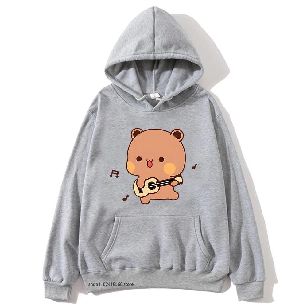 Cute Pretty BuBu Panda in Flowery Head Piece Hoodie DuDu Bear Dancing and Playing with A Guitar Sweatshirt Women Tops