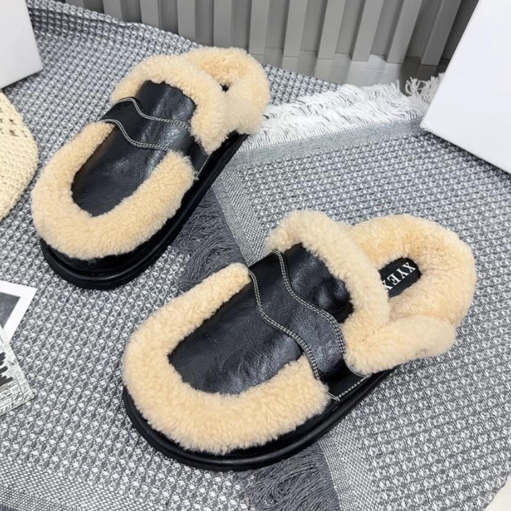 Fashion Flats Platform Cotton Slippers Women Fur Mules Shoes 2024 Winter New Plush Warm Slides Trend Soft Leather Cozy Casual Shoes