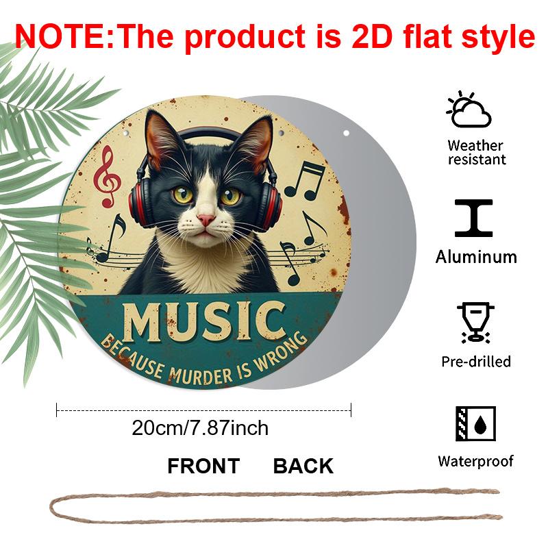 

2D Flat 1pc, 8x8 in, Metal Wall Art - Round Humorous Music & Cat Decor Sign with Music Because Murder Is Wrong Quote, DurableAluminum Weatherproof 1pc