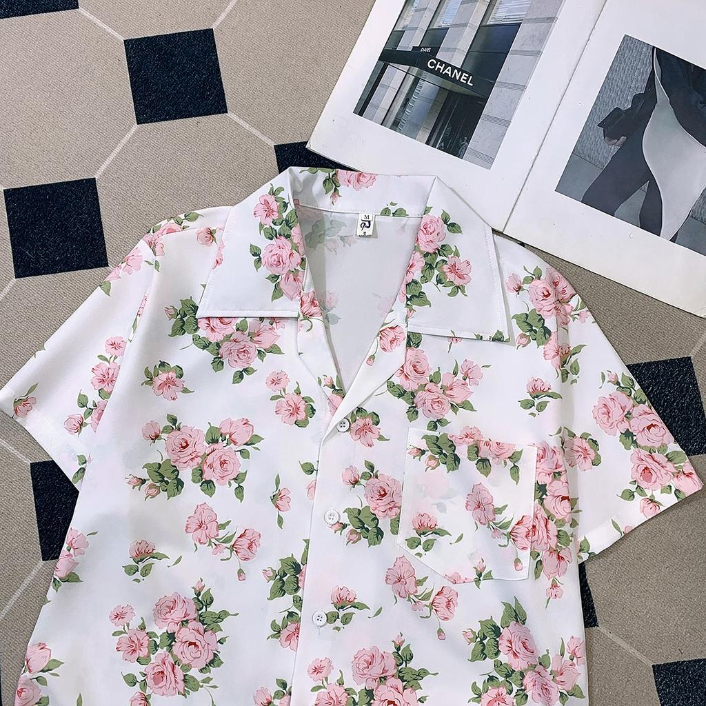 Summer Draping Floral Print Short Sleeve Shirt Men's Niche Loose Korean Style Hawaiian Cuban Collar Shirt Half Sleeve Top