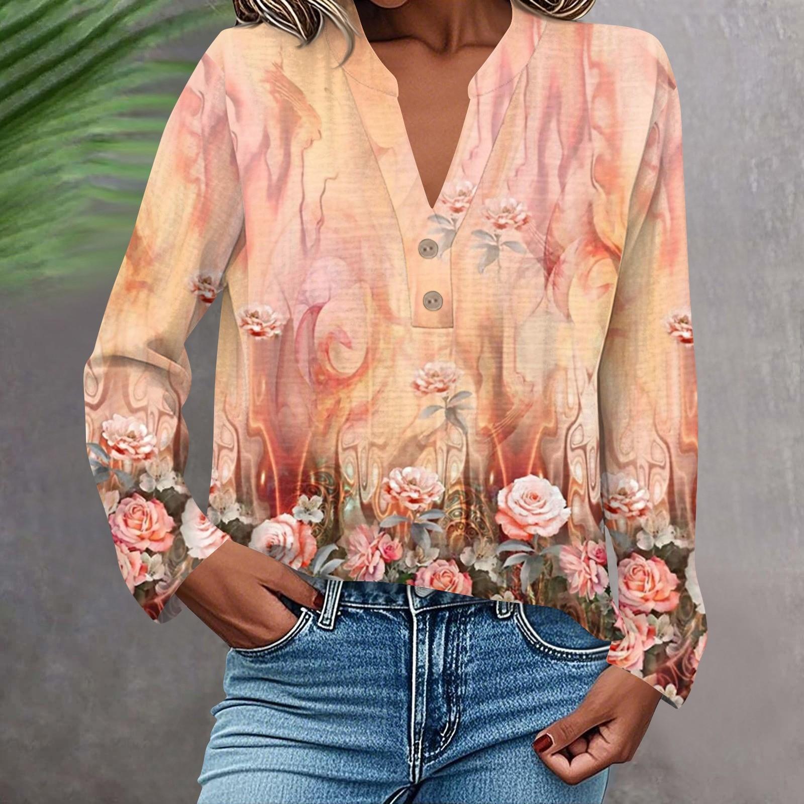

Женская модная и повседневная рубашка с длинным рукавом, V-образным вырезом, на пуговицах, с принтом, блузка, топ XL розовый