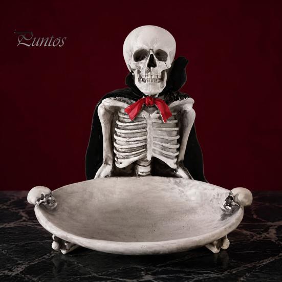 Dark Aesthetic Ornament Halloween Skeleton Decorative Tray, Gothic Storage Tray with Black Cape Red Figurine Bow, Multifunctional Desktop Organizer