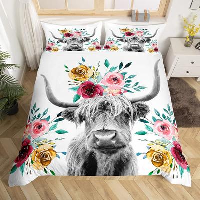 Copripiumino Highland Cattle, set di biancheria da letto rustico con assi di legno geometriche, copripiumino da fattoria con fiori, copripiumino con mucca