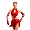 Damen Latin Dance Fransenkleid Cutout Ärmellos Träger Taille Quasten Saum Paillettenkleid mit Langen Handschuhen