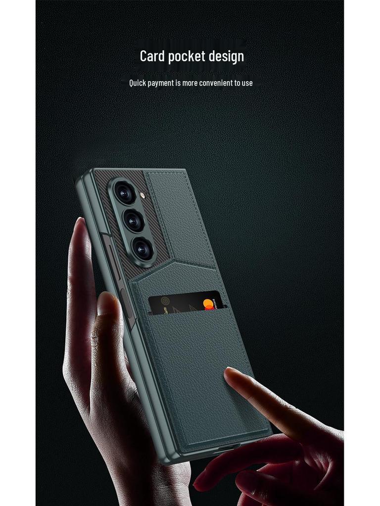 Samsung Z Fold 6 Card Holder Stand Case - Premium Leather with Film Integrated Protection