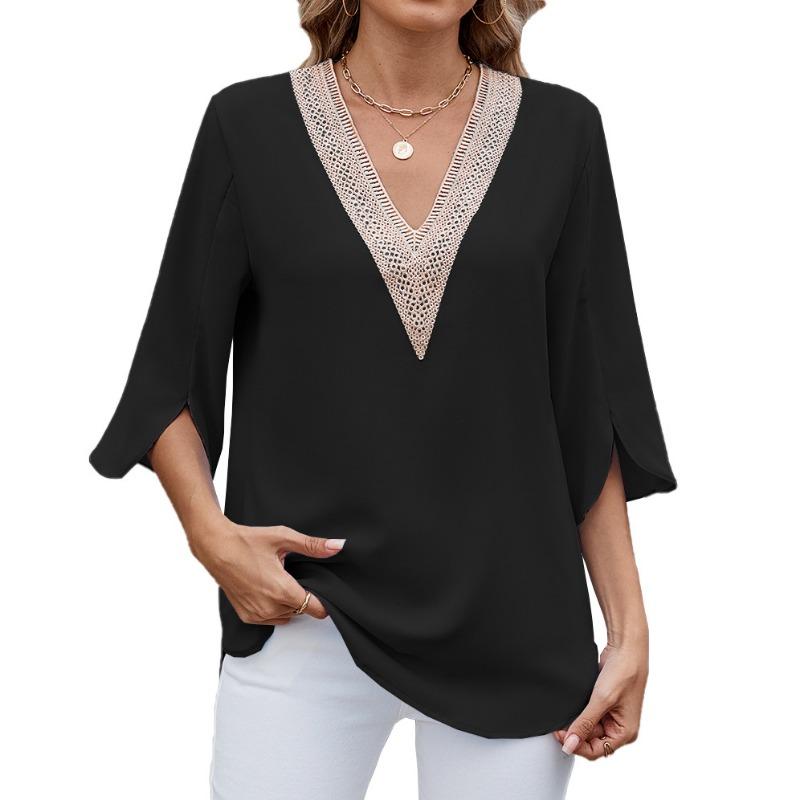Women's Spring and Summer New Solid Colour V-neck Mid-sleeve Lace Chiffon Blouse