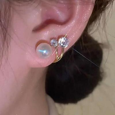 Yousheng 1 Pair Huggie Earrings Faux Pearl Rhinestone French Style Retro Hollow Anti-allergy Electroplated Lightweight Stainless Ear Decoration