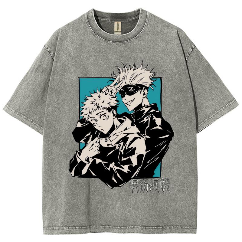 Anime Jujutsu Kaisen Satoru Gojo And Itadori Yuji Print T Shirt Men Women Y2k T-shirts Washed Cotton Tee Harajuku Male Tshirt