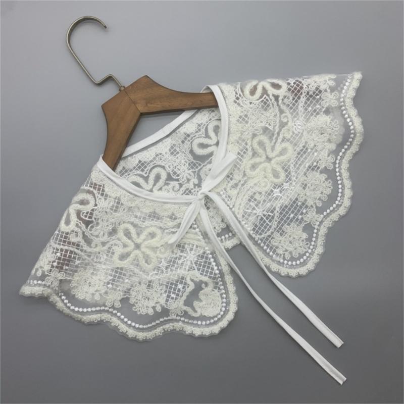 Fashion Detachable Fake Collar Faux Pearl Button Shawl Wrap Women Embroidery Floral Sequins Necklace Lightweight Capelet