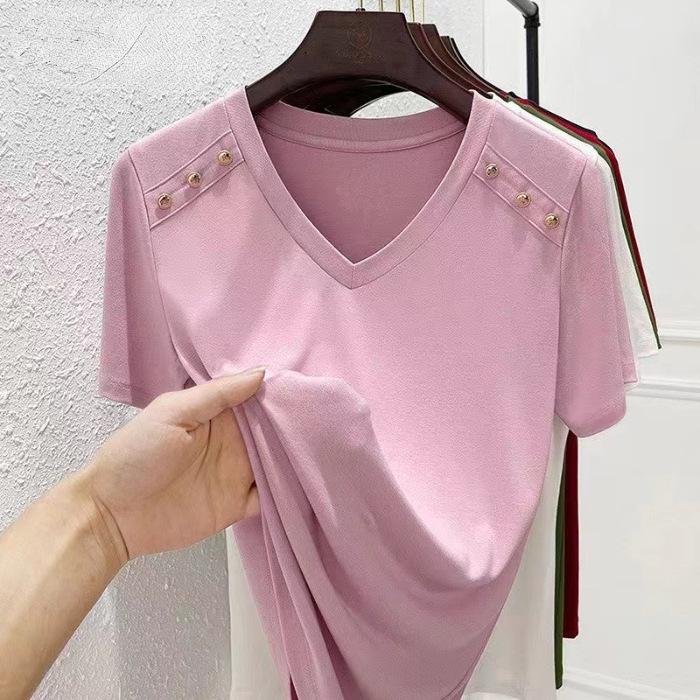 Жіноча біла футболка з V-подібним вирізом вільного крою - Корейський стиль, з короткими рукавами, з чистої бавовни, модна та універсальна для літа 2024.
