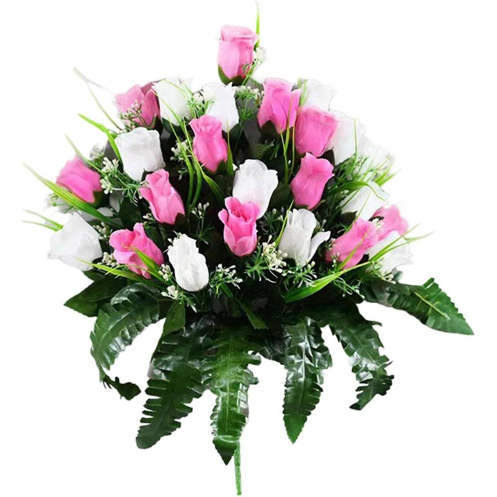 New 24 Heads Artificial Cemetery Flowers Faux Fake Silk Red Blue White Roses Bouquet Grave Decorations for Headstones