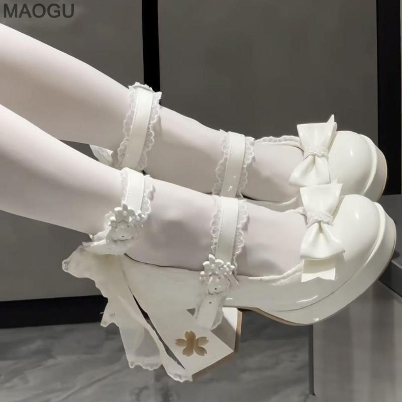 Schöne Mädchen Rosa Lolita Schmetterlingsknoten High Heels Plateau-Schuhe für Damen Süßes Sakura Kleid Mary Janes Beige Größe 34-42