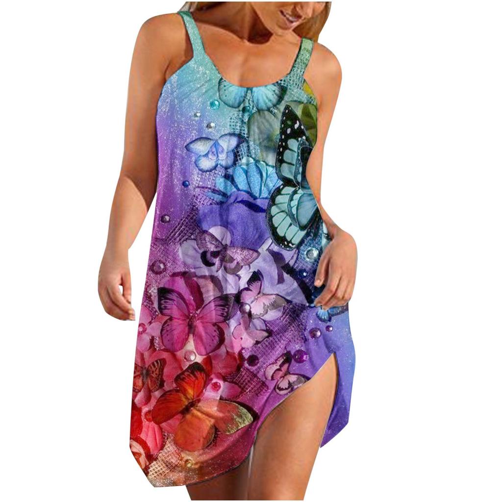 Ladies Casual Floral Print Boho Beach Dress Sleeveless Cute Flowy  Tank Dress