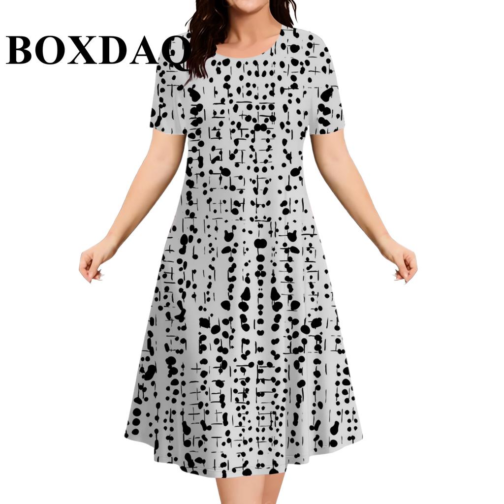 Plus-size Short-sleeve Dress, Women's Fashion Summer Polka Dot, 3D Print, Round Neck, Loose Mini Dress, Casual