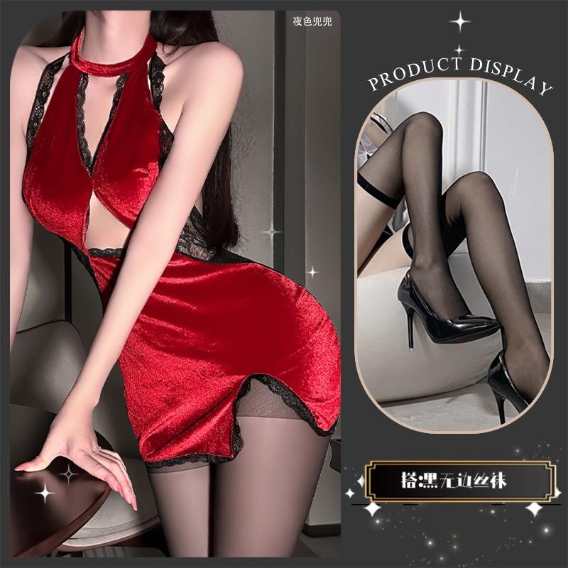 Sexy underwear sexy hot lace splicing velvet temperament gathering and thin purple classical neck cheongsam