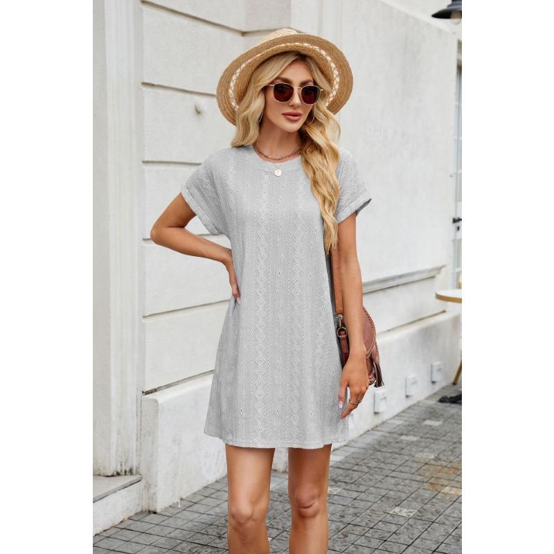 YYFS Women's Fashion Summer Spring Solid Color Print Short Sleeve O-Neck Loose Waistline Casual Dresses