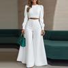 ZANZEA Women Long Sleeve Cropped Tops and Wide Leg Pants Casual Two Piece Suit Set