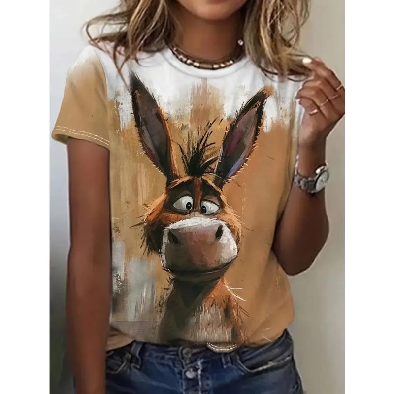 Animal Short Sleeve Fashion Women s Crew Neck Short Sleeve 3D Animal Color Printing Crew Neck T-Shirt Tops Daily Wear XS