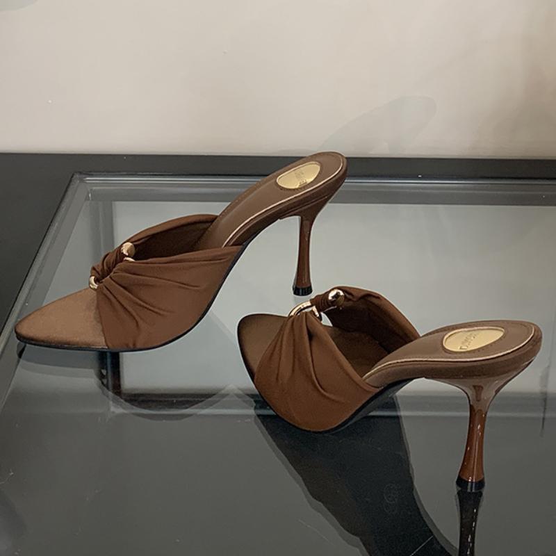 Fashion Pointed Silk Slippers Metal Buckle Hollow Out High Heels 2025 Summer Fashion Open Toed Women Mules Shoes Claquette Femme