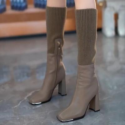 Módní Nové 2024 Podzim Zima Pletené Dlouhé Boty Dámské Ponožkové Boty Dámská Móda Nazouvací Vysoké Podpatky Retro Elastické Botas Mujer