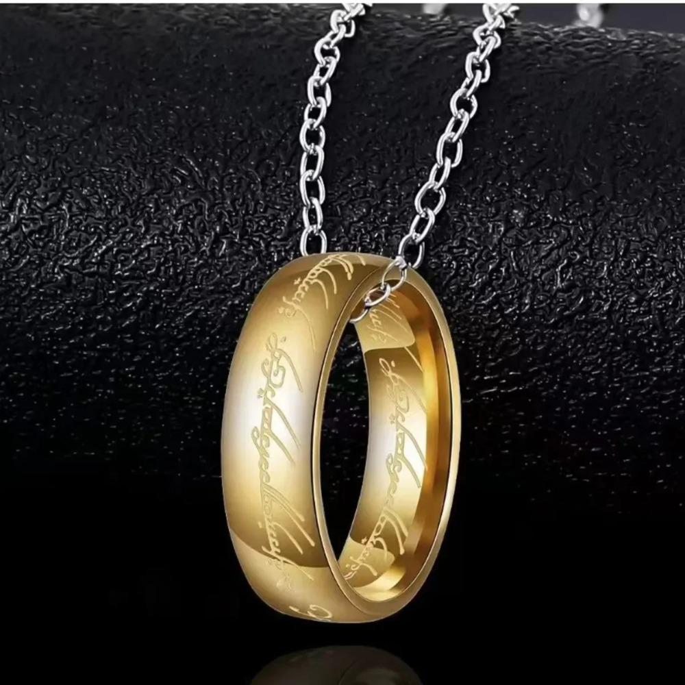 Engraved Gold Plated Stainless Steel Ring Pendant Necklace | Hypoallergenic Unisex Adjustable Chain Couple Gift Jewelry